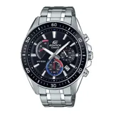 Reloj Casio Edifice con correa de acero plateado, esfera negra con detalles en rojo, azul y blanco.