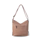 Cartera de simil cuero color rosa, con apertura superior con cierre, bolsillo frontal con cierre y tachas metálicas, bolsillos verticales y bolsillo trasero con cierre. Incluye división al medio y bolsillos internos.