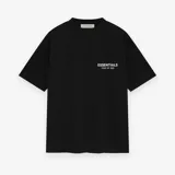 Camiseta negra de algodón con logo 'ESSENTIALS FEAR OF GOD' estampado en blanco en la espalda.