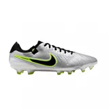Championes de fútbol Nike Tiempo Legend 10 Academy, color plateado con detalles en negro y verde flúor.