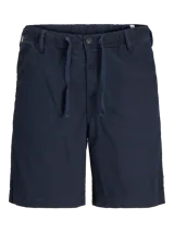 Short chino azul marino de lino y algodón, corte relajado, cintura media con elástico y cordón ajustable, bolsillos frontales y traseros.