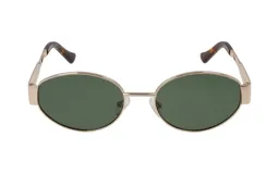 Lentes de sol Celine modelo Donna 1262, con montura metálica dorada de forma ovalada y cristales de color verde oscuro. Las patillas son delgadas con terminales de acetato con patrón de carey.