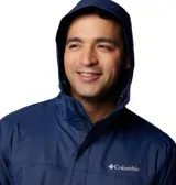 Campera impermeable Columbia Watertight II para hombre, color negro, con capucha ajustable, costuras selladas, bolsillos con cremallera y forro de malla transpirable.
