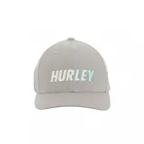 Gorro tipo visera de color gris con el nombre de la marca 'HURLEY' estampado en el frente. Presenta una estructura de seis paneles con orificios de ventilación y visera curva.