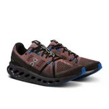 Championes de running On Cloudsurfer, color chocolate con detalles en negro y azul.