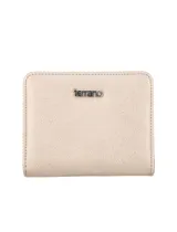Monedero pequeño color plateado, marca Terrano, con cierre perimetral y logo metálico en el frente.