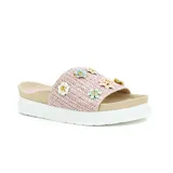 Sandalias de plataforma baja color rosa, con capellada tejida y apliques de flores decorativas.