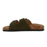 Sandalias bajas color verde oliva con dos tiras ajustables con hebillas metálicas.