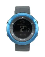 Reloj Mistral deportivo digital con correa de silicona negra y bisel azul.