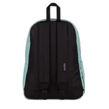 Mochila Jansport Superbreak Plus color celeste con logo rectangular de la marca en el frente.