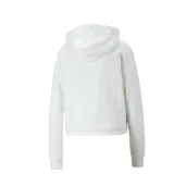 Buzo con capucha Puma para mujer, color rosa pálido, de corte cuadrado y relajado, con logo de Puma estampado en el pecho y cinta con el logo repetido a lo largo del pecho.