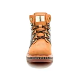 Bota Caterpillar modelo Golden Gate, color miel con detalles en negro y dorado. Diseño inspirado en el puente Golden Gate, con estructura en forma de jaula y sistema de cables.