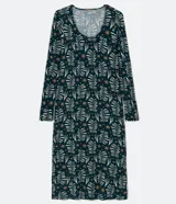 Vestido midi de ribana con escote en U, mangas largas y estampado de follaje en tonos blanco y marrón sobre fondo azul oscuro.