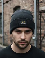 Gorro de lana negro con etiqueta de cuero sintético con el logo de la marca Alquimia.