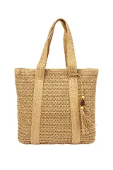 Bolso de mano tipo shopper, tejido en rafia color beige, con doble asa corta y detalle de borla con cuentas de madera.