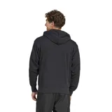 Canguro negro con capucha y cordones ajustables, bolsillo tipo canguro y logo de Adidas bordado en blanco en el pecho. Presenta las tres tiras blancas características de la marca en las mangas.