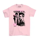 Remera rosa de algodón con estampado de la película Fight Club, con la leyenda "Paper Street Soap Co.".