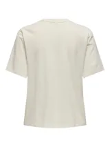 Camiseta color crudo con estampado de palmeras y un loro.
