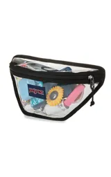 Riñonera transparente con ribetes negros y logo de JanSport en el frente. Tiene un compartimento principal con cierre y correa ajustable con hebilla.
