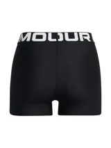Calza corta de mujer Under Armour, modelo HeatGear Shorty, color azul con logo en la pierna izquierda y cintura elástica con la inscripción Under Armour.