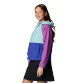 Campera Columbia Spire Valley Wind con capucha, color lila con bloques en azul y verde agua. Cuenta con tecnología termorreflectante Omni-Heat™ y repelente al agua Omni-Shield™.
