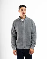 Campera de punto gris con cierre frontal, cuello alto y forro interno. Tejido 100% poliéster.
