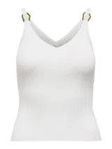 Top blanco de punto acanalado con escote en V, tirantes finos con hebillas metálicas doradas y diseño ajustado.