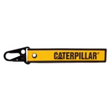 Llavero de tela tejido con el logotipo de Caterpillar en amarillo y negro, con un gancho metálico desmontable de color negro.