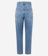 Pantalón mom jeans de denim azul claro con bordado de moñas blancas.