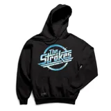 Canguro negro con capucha y cordones ajustables. Estampado frontal con el logo de la banda de rock The Strokes en color celeste.