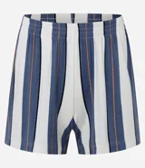 Conjunto de pijama short doll confeccionado en viscosa sostenible. Incluye una blusa de manga corta con cuello redondo y estampado con la frase "visualize the life you want to have", y un short rayado con cintura elástica.