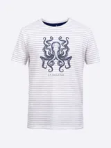 Remera de manga corta, cuello redondo con ribete azul marino, confeccionada en tejido de punto con rayas horizontales blancas y azules. Presenta un estampado central de un pulpo en color azul desgastado y el texto "LA DOLFINA" debajo.