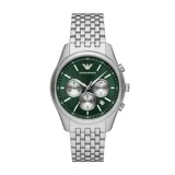 Reloj Emporio Armani modelo AR11581, con caja y pulsera de acero inoxidable plateado, esfera verde sunray, subesferas plateadas y cristal mineral. Resistente al agua hasta 50 metros.