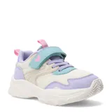 Zapatillas deportivas blancas con detalles en lila, ajuste con cordones elásticos y tira de velcro con un corazón.