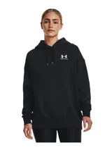 Buzo Under Armour de mujer, color verde grisáceo, corte holgado, con capucha y cordones ajustables.