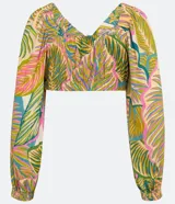 Blusa cropped de viscosa con estampado tropical de follaje, escote en V con lazo, mangas largas con elástico y bajo ajustable.