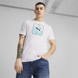 Remera blanca de algodón con cuello redondo y mangas cortas. Estampado en el pecho con el logo de Puma sobre una ola en tonos celeste y verde.
