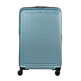 Valija grande rígida de policarbonato color celeste, con cuatro ruedas, candado TSA integrado y compartimento interno con cierre. Marca Munich.