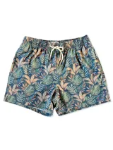 Short de baño blanco con estampado de hojas de palmera en tonos verde, rojo y amarillo.