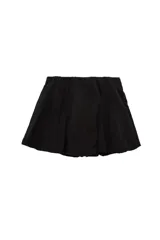 Minifalda negra de tiro bajo con silueta tipo globo, confeccionada en tejido técnico con cintura elástica oculta y bajo redondeado.