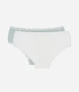 Pack de dos bombachas boyshort en viscosa acanalada, una blanca y otra verde agua, ambas con encaje en la cintura y en las piernas.