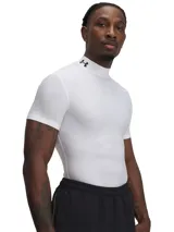 Remera blanca de compresión Under Armour HeatGear con cuello alto y logo negro en el cuello.