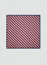 Pañuelo cuadrado con estampado de rayas diagonales en azul marino, blanco y rojo.
