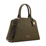Bolso satchel Guess modelo Easley, color verde oliva, con doble asa de mano y correa bandolera extraíble con logo estampado. Incluye dije de candado dorado con logo grabado.