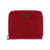 Billetera Guess pequeña, color rojo, con cierre perimetral y logo metálico plateado en el frente.