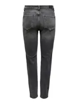 Pantalón de jean gris oscuro con cintura alta, corte recto y largo hasta los tobillos.