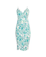 Vestido corto con estampado de hojas en tonos turquesa y blanco, con breteles finos y escote cruzado.