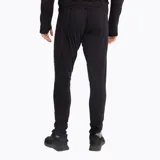 Calzas deportivas negras de poliéster y spandex, ajustadas al cuerpo, con interior suave al tacto, tela delgada y elástica, secado rápido y detalles reflectivos.