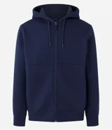 Saco deportivo gris de algodón y poliéster, con capucha ajustable con cordón, cierre frontal con cremallera, mangas largas con puños ajustados y bolsillos laterales.
