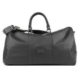 Bolso de viaje tipo duffel de cuero negro con doble asa de mano y correa de hombro ajustable.